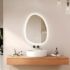 EMKE Miroir salle de bain avec éclairage, asymétrique, anti-buée, interrupteur tactile, 3 couleurs de lumière réglable, 65 x 45 cm