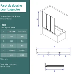 EMKE Pare de baignoire en 6 mm verre securit Paroi de douche pliable pour baignoire, 130x140cm,Revêtement Nano facile à nettoyer* Pare-Baignoire