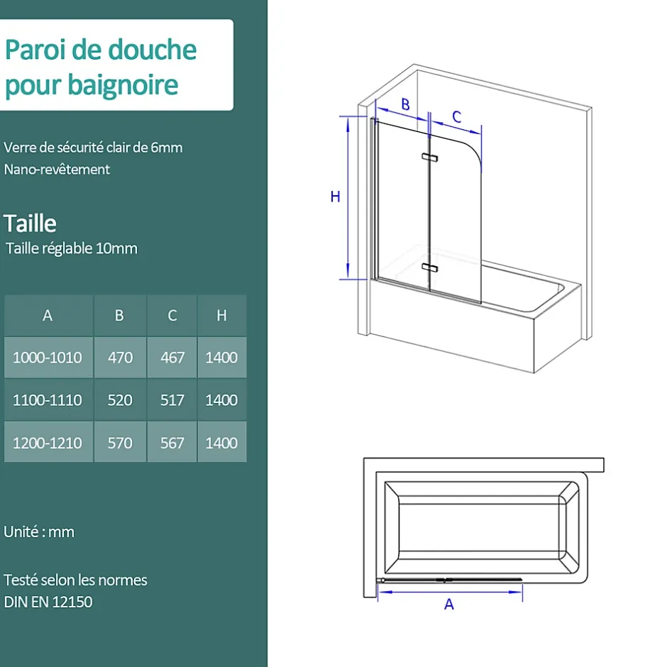 EMKE Pare de baignoire en 6 mm verre securit Paroi de douche pliable pour baignoire Revêtement Nano facile à nettoyer 110 x 140 cm