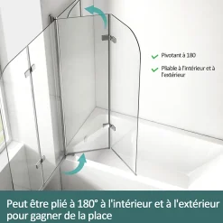 EMKE Pare de baignoire en 6 mm verre securit Paroi de douche pliable pour baignoire Revêtement Nano facile à nettoyer 100 x 140 cm