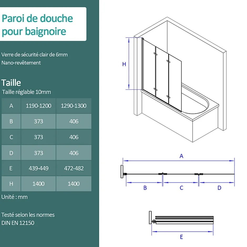 EMKE Pare de baignoire en 6 mm verre securit Paroi de douche pliable pour baignoire, 120x140cm,Revêtement Nano facile à nettoyer