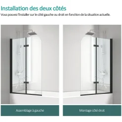 EMKE Pare-baignoire paroi de douche pour baignoire noir mat 2 parties pliable 110x140cm pare-baignoire 6mm NANO GLASS