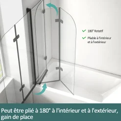 EMKE Pare-baignoire paroi de douche pour baignoire noir mat 2 parties pliable 120x140cm pare-baignoire 6mm NANO GLASS