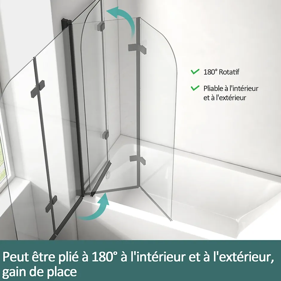 EMKE Pare-baignoire paroi de douche pour baignoire noir mat 2 parties pliable 120x140cm pare-baignoire 6mm NANO GLASS