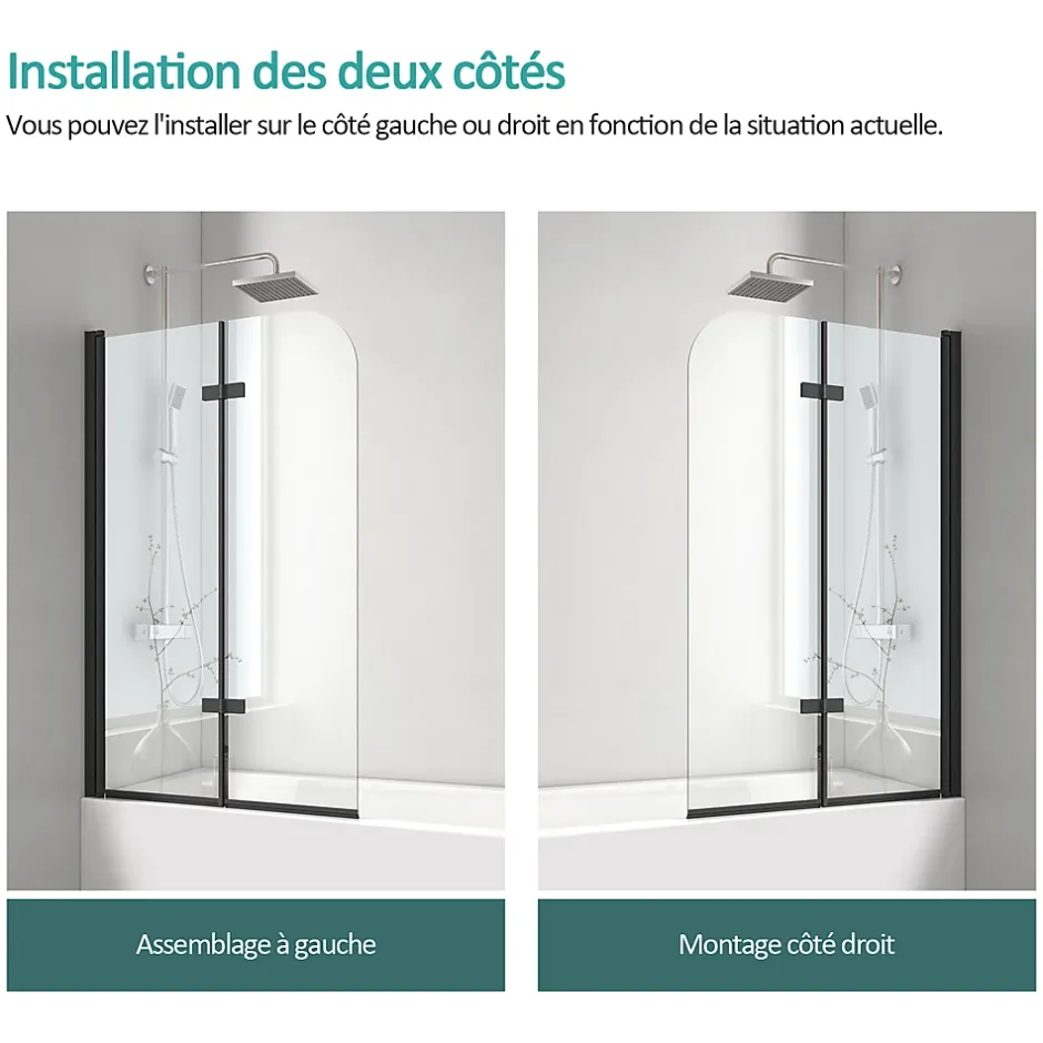 EMKE Pare-baignoire paroi de douche pour baignoire noir mat 2 parties pliable 120x140cm pare-baignoire 6mm NANO GLASS