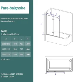 EMKE Pare-baignoire paroi de douche pour baignoire noir mat 2 parties pliable 120x140cm pare-baignoire 6mm NANO GLASS