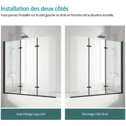EMKE Pare-baignoire paroi de douche pour baignoire noir mat 3 parties pliable 130x140cm pare-baignoire 6mm NANO GLASS