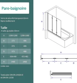EMKE Pare-baignoire paroi de douche pour baignoire noir mat 3 parties pliable 130x140cm pare-baignoire 6mm NANO GLASS