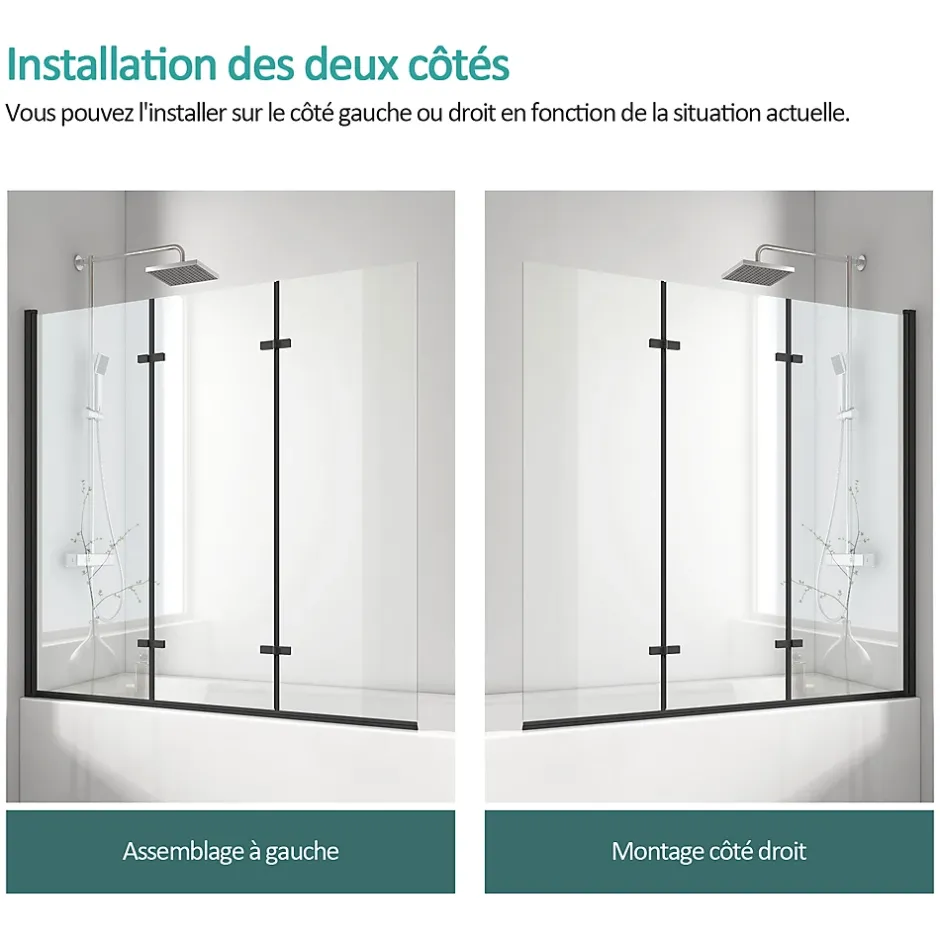 EMKE Pare-baignoire paroi de douche pour baignoire noir mat 3 parties pliable 120x140cm pare-baignoire 6mm NANO GLASS* Pare-Baignoire