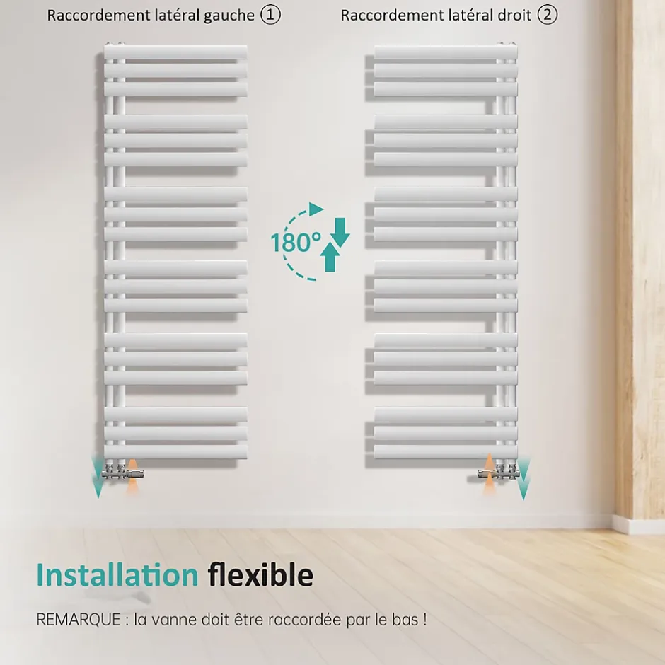 EMKE Radiateur Chauffe-Serviettes à Eau Chaude, Sèche-Serviettes Blanc 174x50cm 683W, Connexion Latérale* Sèche-Serviettes Eau Chaude