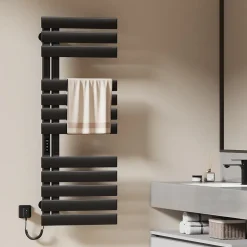 EMKE Radiateur sèche-serviettes électrique salle de bain avec thermostat, panneau chauffant, minuterie, 130x50 cm, 450W, noir mat