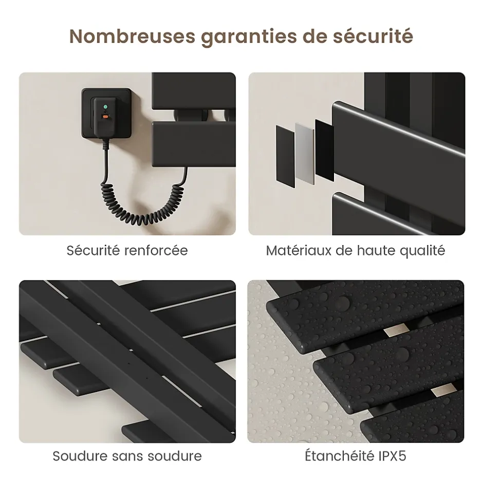 EMKE Radiateur sèche-serviettes électrique salle de bain avec thermostat, panneau chauffant, minuterie, 130x50 cm, 450W, noir mat