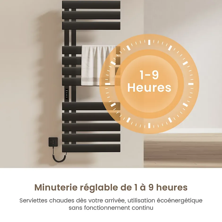 EMKE Radiateur sèche-serviettes électrique salle de bain avec thermostat, panneau chauffant, minuterie, 130x50 cm, 450W, noir mat