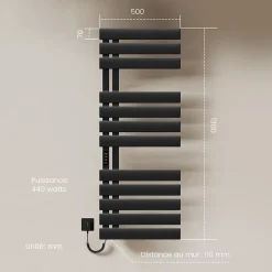 EMKE Radiateur sèche-serviettes électrique salle de bain avec thermostat, panneau chauffant, minuterie, 130x50 cm, 450W, noir mat