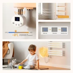 EMKE Radiateur Sèche-Serviettes Électrique 1041x400 mm, Blanc 400W, WiFi, Modes Intelligents, Détection Fenêtre* Sèche-Serviettes Électrique