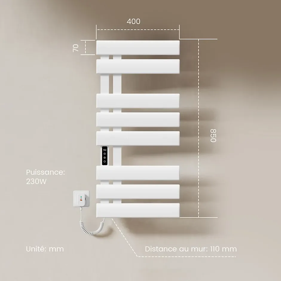 EMKE Radiateur sèche-serviettes électrique salle de bain avec thermostat, 85x40 cm, 285W, blanc brillant