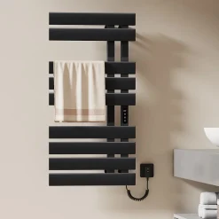 EMKE Radiateur sèche-serviettes électrique salle de bain avec thermostat, panneau chauffant, minuterie, 100x50 cm, 350W, noir mat