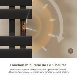 EMKE Radiateur sèche-serviettes électrique salle de bain avec thermostat, panneau chauffant, minuterie, 100x50 cm, 350W, noir mat