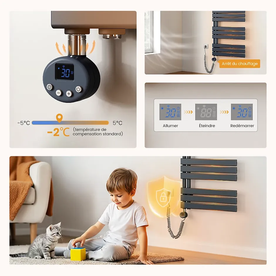 EMKE Radiateur Sèche-Serviettes Électrique 1041x500 mm, Gris Anthracite 600W, WiFi, Modes Intelligents, IPX4