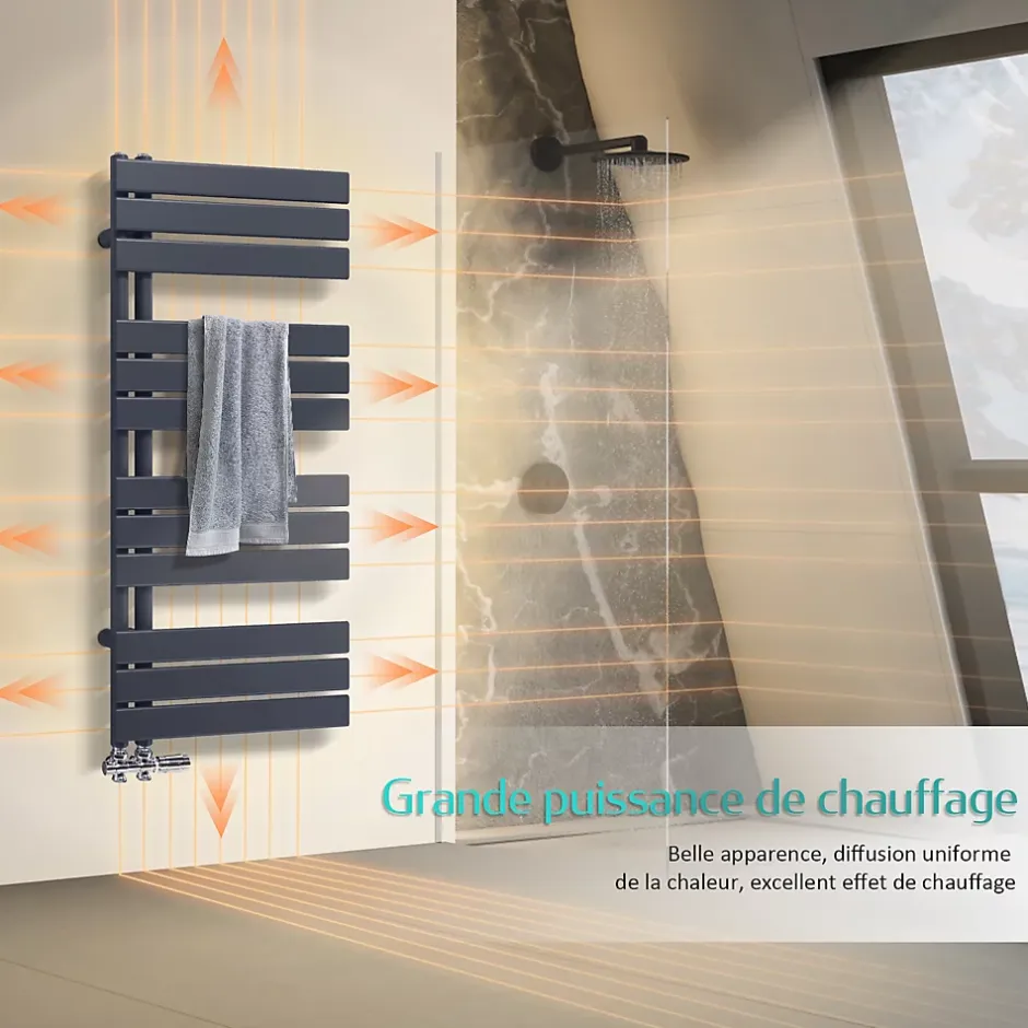 EMKE Radiateur Sèche-Serviettes Eau Chaude 160x60 cm Flat Panel Noir Mat Puissance 958W