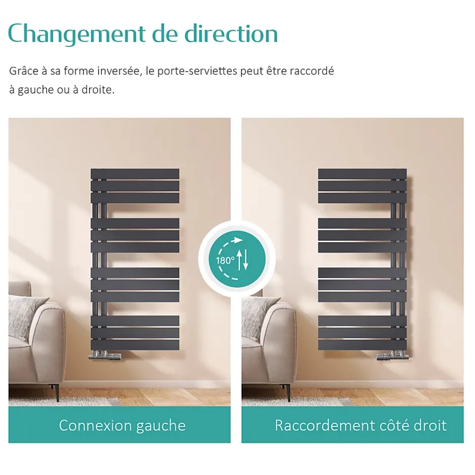 EMKE Radiateur Sèche-Serviettes Eau Chaude 160x60 cm Flat Panel Noir Mat Puissance 958W