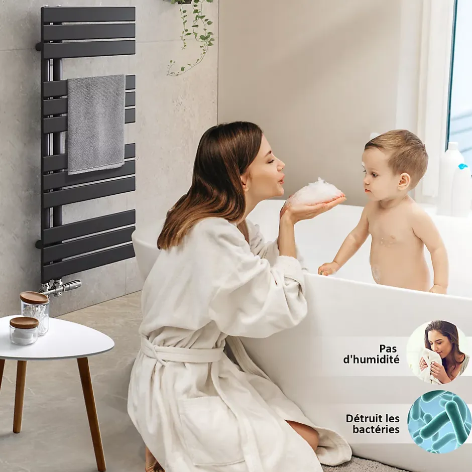 EMKE Radiateur Sèche-Serviettes Eau Chaude 160x60 cm Flat Panel Noir Mat Puissance 958W