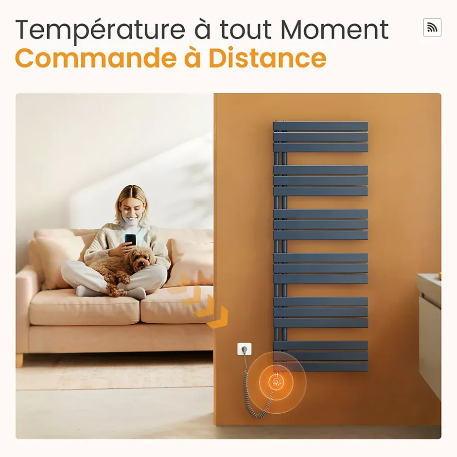 EMKE Radiateur Sèche-Serviettes Électrique 1320x600 mm, Gris Anthracite 800W, WiFi, Modes Intelligents, IPX4