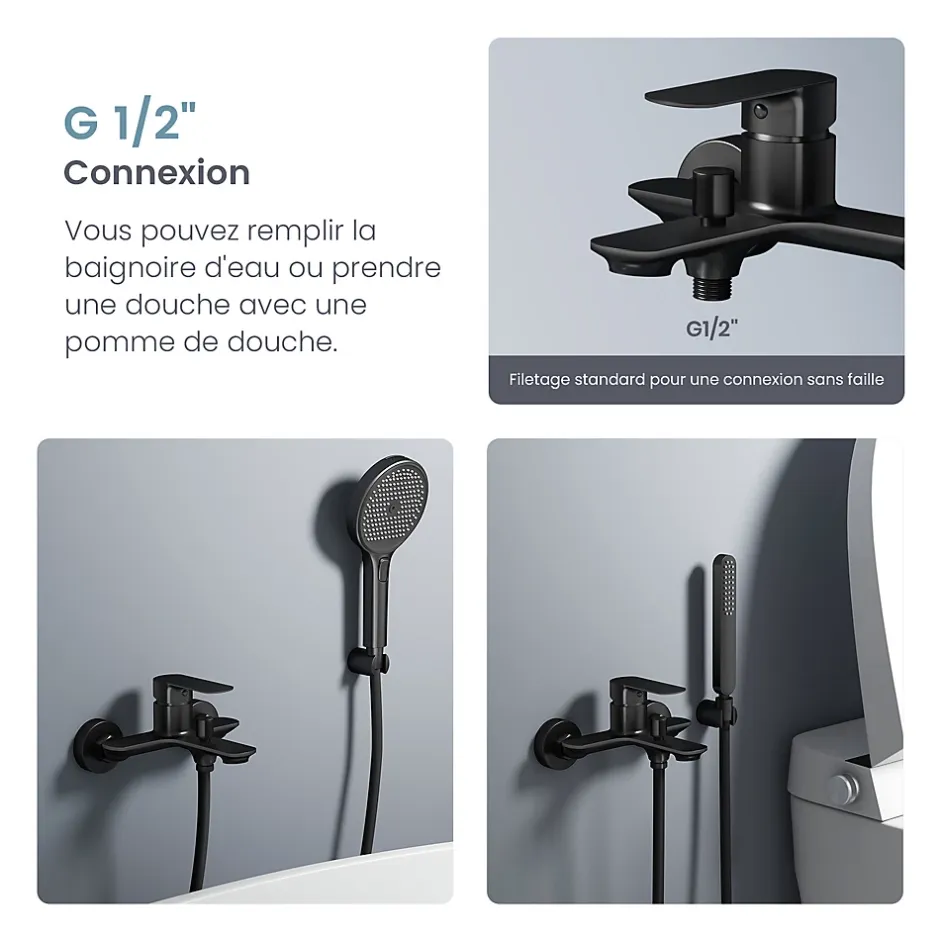 EMKE Robinet bain et douche noir mat, Mitigeur mural 21.2x18.3 cm, robinet salle de bain levier unique* Robinet Lavabo Et Vasque