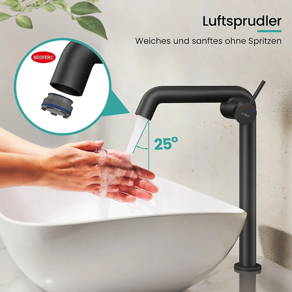 EMKE Robinet de Salle de Bain Noir Mat, 332 x 220 x 76 mm, Laiton, Cartouche Céramique, Mitigeur pour Lavabo, Installation Facile* Robinet Lavabo Et Vasque