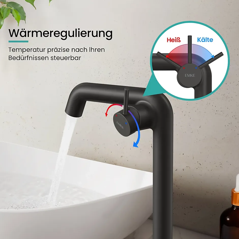 EMKE Robinet de Salle de Bain Noir Mat, 332 x 220 x 76 mm, Laiton, Cartouche Céramique, Mitigeur pour Lavabo, Installation Facile* Robinet Lavabo Et Vasque