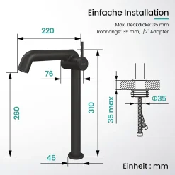 EMKE Robinet de Salle de Bain Noir Mat, 332 x 220 x 76 mm, Laiton, Cartouche Céramique, Mitigeur pour Lavabo, Installation Facile* Robinet Lavabo Et Vasque