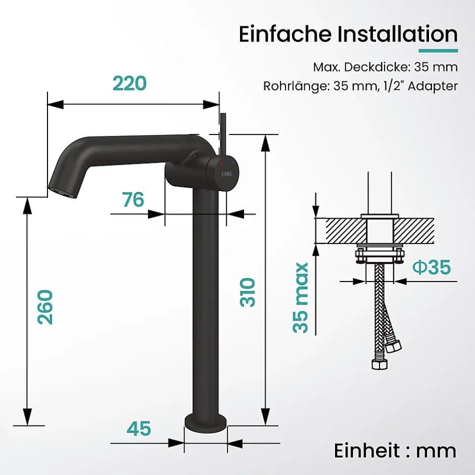 EMKE Robinet de Salle de Bain Noir Mat, 332 x 220 x 76 mm, Laiton, Cartouche Céramique, Mitigeur pour Lavabo, Installation Facile* Robinet Lavabo Et Vasque
