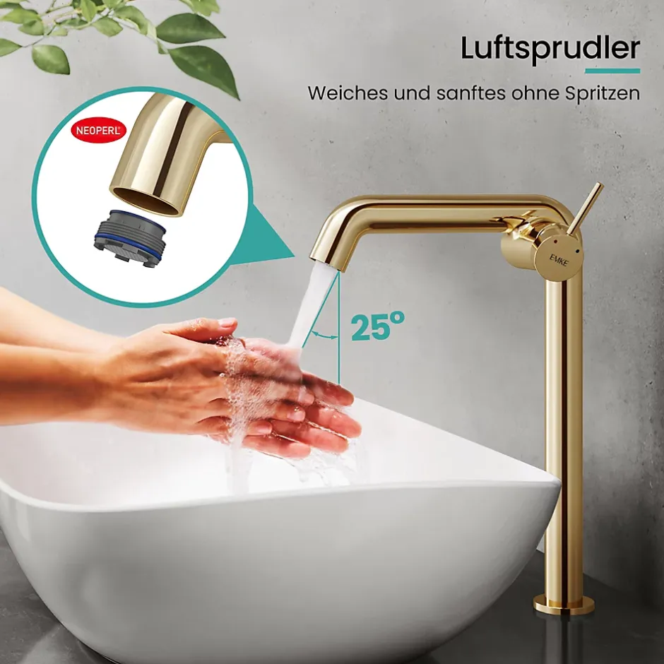 EMKE Robinet de Salle de Bain Or Champagne, 332x220x76 mm, Laiton, Cartouche Céramique, Mitigeur de Lavabo, Installation Facile* Robinet Lavabo Et Vasque