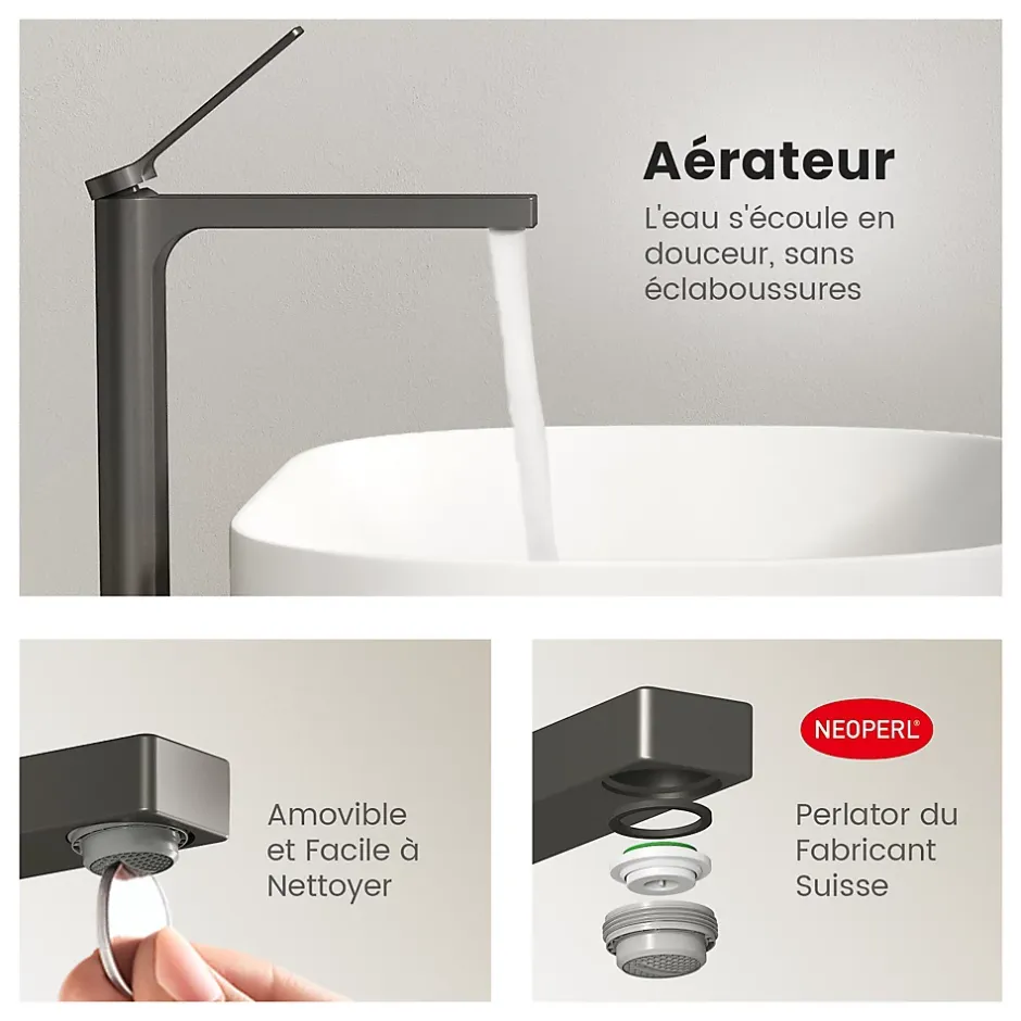 EMKE Robinet Lavabo Salle de Bain 335x233x46 mm Anthracite, Mitigeur en Cuivre, Robinet de Cuisine, Cartouche Céramique* Robinet Lavabo Et Vasque