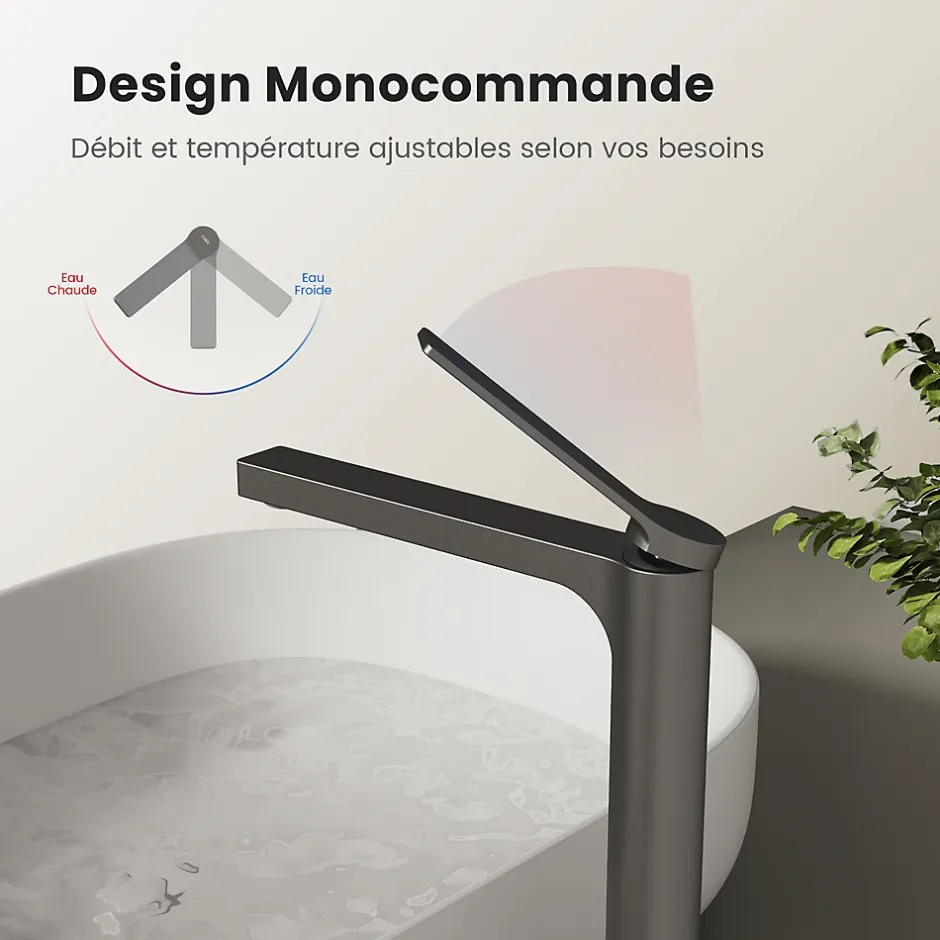 EMKE Robinet Lavabo Salle de Bain 335x233x46 mm Anthracite, Mitigeur en Cuivre, Robinet de Cuisine, Cartouche Céramique* Robinet Lavabo Et Vasque
