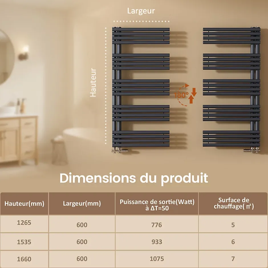 EMKE Sèche Serviettes à Eau Chaude pour Salle de Bain,127 x 60cm,Tuyaux Ronds Porte-Serviettes,Chauffe-Serviettes,Anthracite 776W* Sèche-Serviettes Eau Chaude
