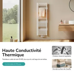 EMKE Sèche-serviette eau chaude, Radiateur sèche-serviettes raccordement central Blanc 120x60cm 598Watts* Sèche-Serviettes Eau Chaude