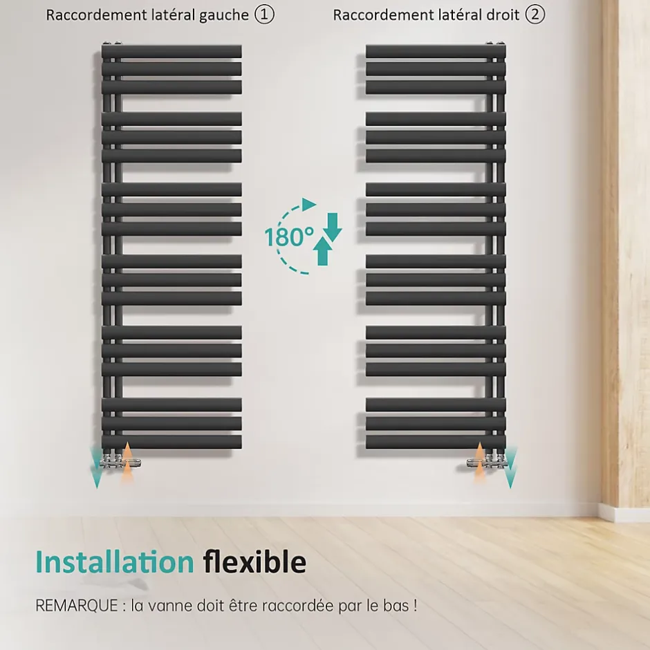 EMKE Sèche-serviette eau chaude à raccord latéral, radiateur sèche-serviettes anthracite 174 x 60 cm, 823 W