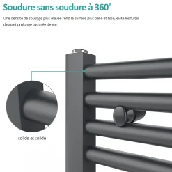 EMKE Sèche-serviette eau chaude, Radiateur sèche-serviettes raccordement central Anthracite 180x50cm 739Watts* Sèche-Serviettes Eau Chaude
