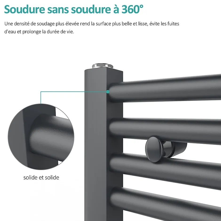 EMKE Sèche-serviette eau chaude, Radiateur sèche-serviettes raccordement central Anthracite 180x60cm 860Watts* Sèche-Serviettes Eau Chaude