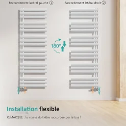 EMKE Sèche-serviette eau chaude à raccord latéral, radiateur sèche-serviettes blanc 143 x 40 cm, 484 W* Sèche-Serviettes Eau Chaude