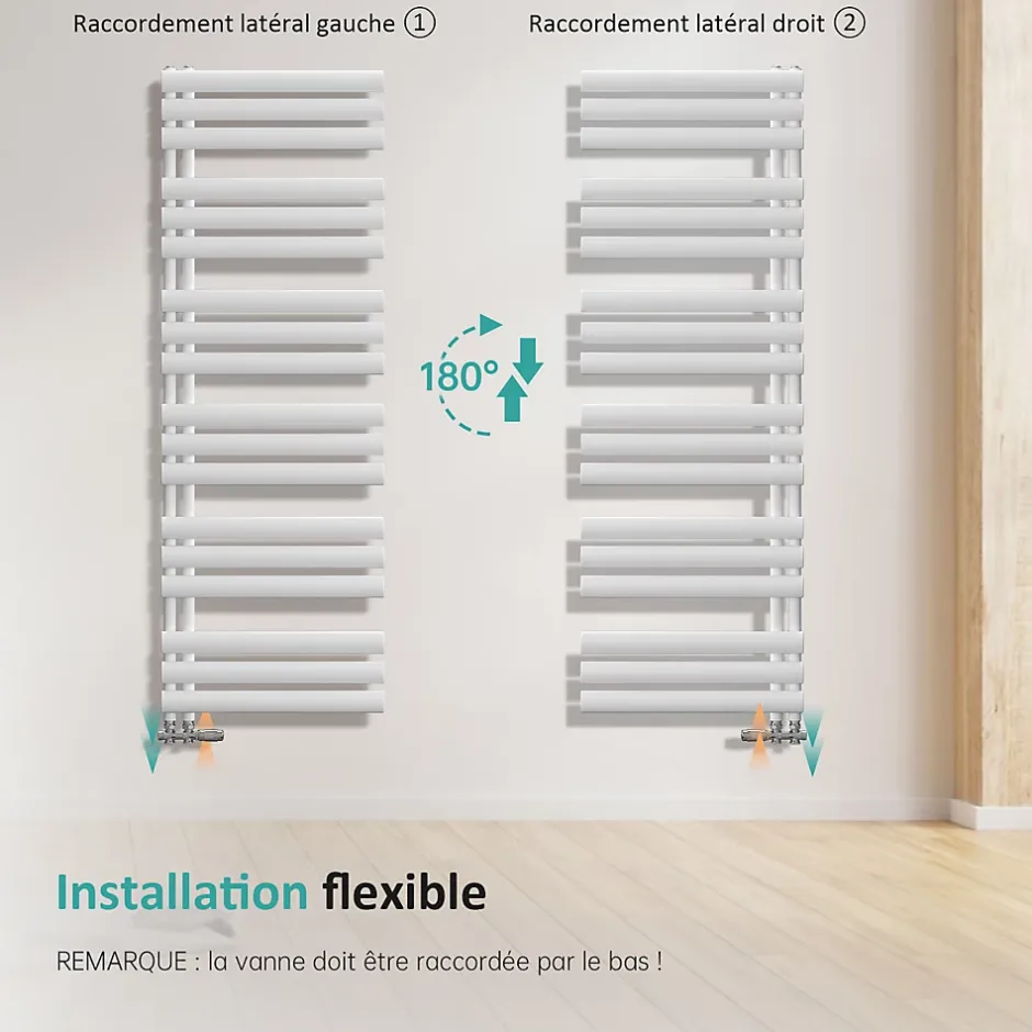 EMKE Sèche-serviette eau chaude à raccord latéral, radiateur sèche-serviettes blanc 143 x 40 cm, 484 W* Sèche-Serviettes Eau Chaude