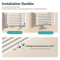 EMKE Sèche-serviette eau chaude, Radiateur sèche-serviettes raccordement central Blanc 100x60cm 498Watts* Sèche-Serviettes Eau Chaude