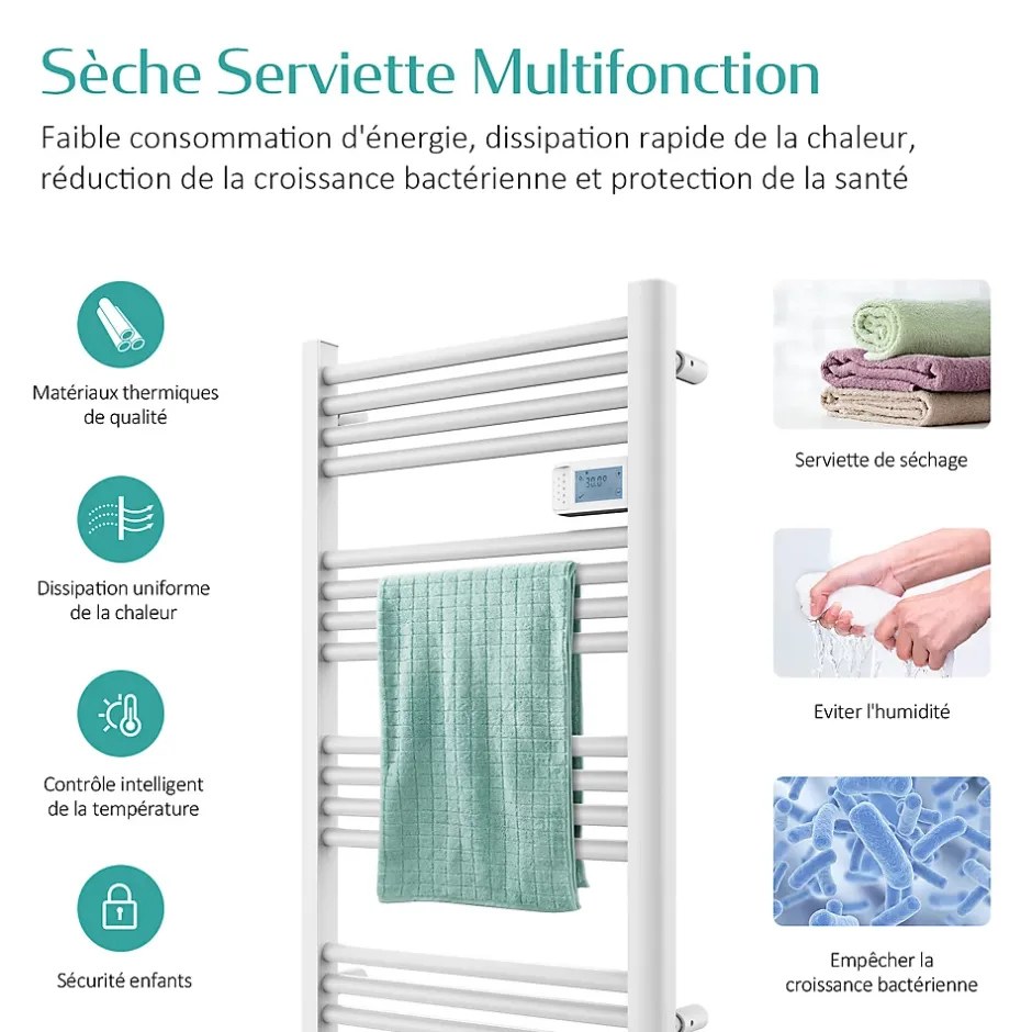 EMKE Sèche-serviette électrique Aluminium Commande tactile Température réglable - 960 x 540 mm Blanc 500W