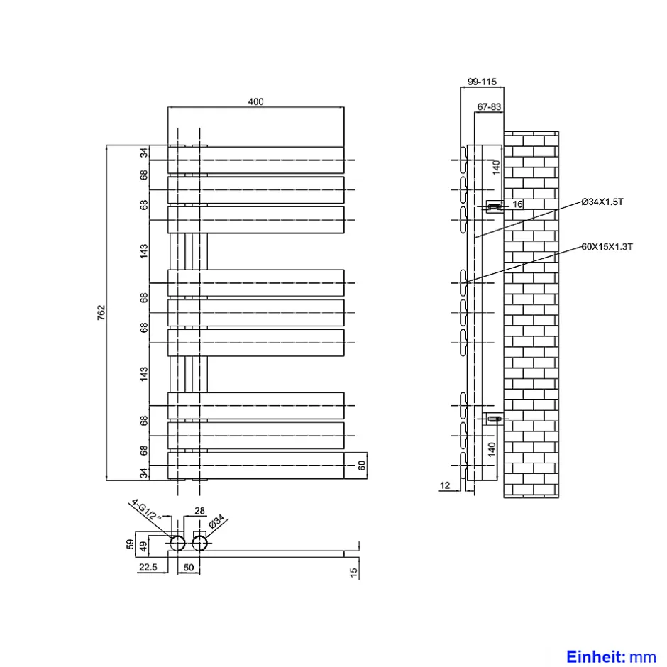 EMKE Sèche-serviettes à Eau Chaude Panneau Plat, Sèche-serviettes connexion latérale pour, Anthracite 762x400mm 360Watts