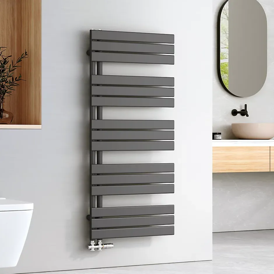 EMKE Sèche-serviettes à Eau Chaude Panneau Plat, Sèche-serviettes connexion latérale pour, Anthracite 1320x600mm 838Watts* Sèche-Serviettes Eau Chaude