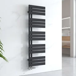 EMKE Sèche-serviettes à Eau Chaude Panneau Plat, Sèche-serviettes connexion latérale pour, Noir 1320x400mm 570Watts