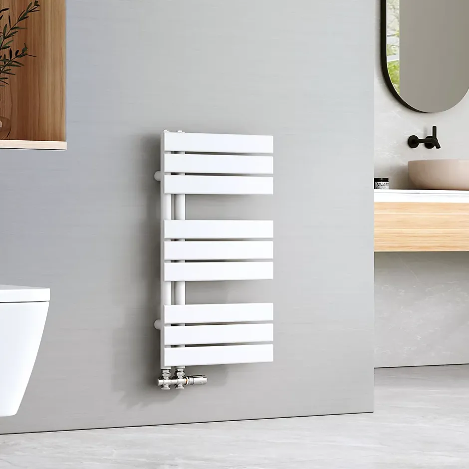 EMKE Sèche-serviettes à Eau Chaude Panneau Plat, Sèche-serviettes connexion latérale pour, Blanc 762 x 400mm 342 Watts* Sèche-Serviettes Eau Chaude