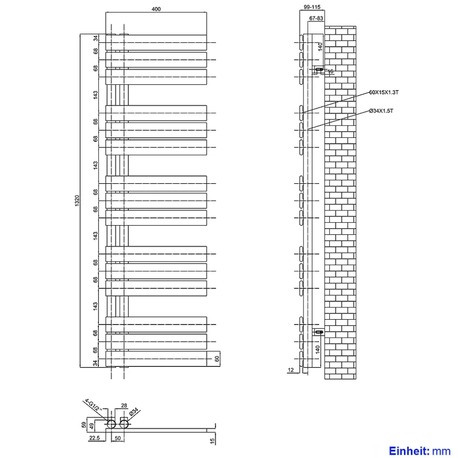 EMKE Sèche-serviettes à Eau Chaude Panneau Plat, Sèche-serviettes connexion latérale pour, Anthracite 1320x400mm 598Watts