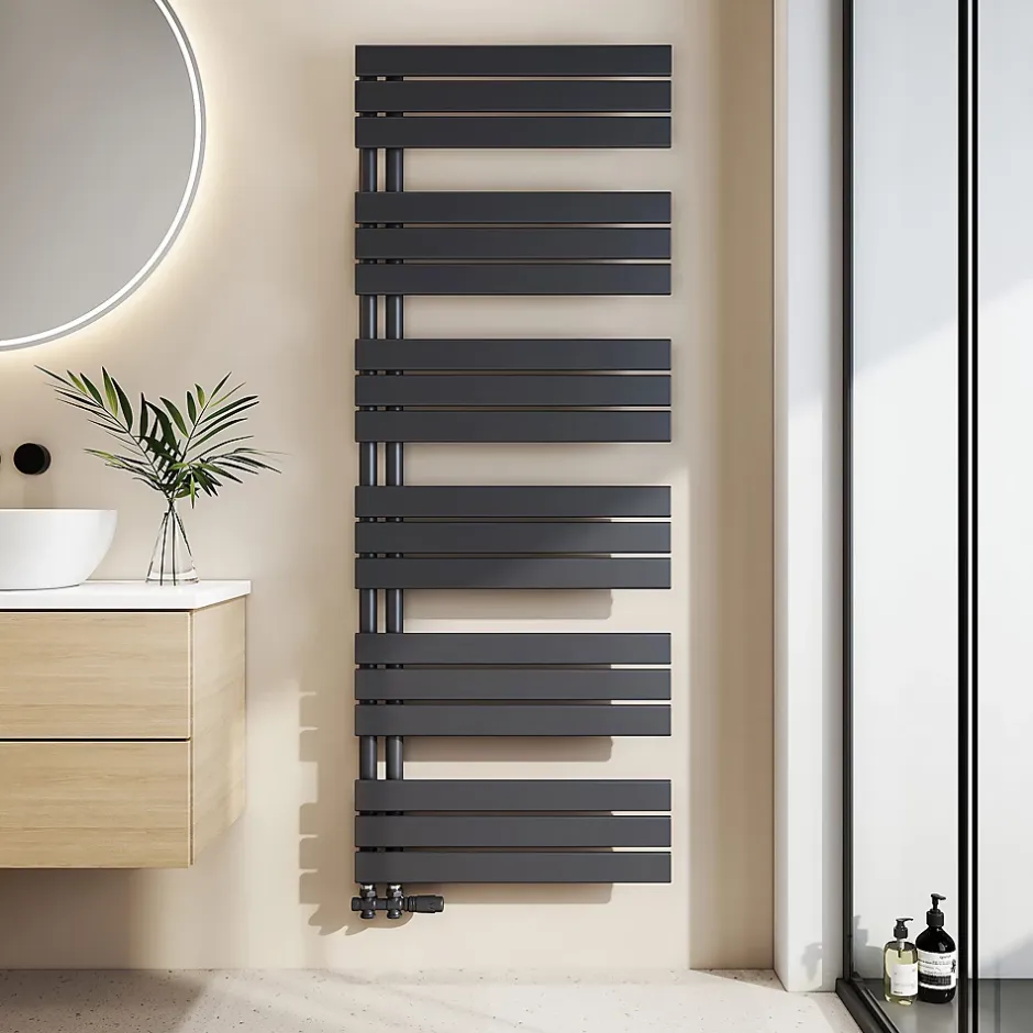 EMKE Sèche-Serviettes à Eau Chaude Design Plat, Radiateur Salle de Bain Anthracite 1599x600mm 1005W